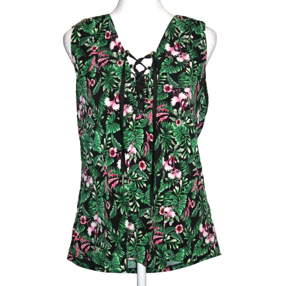 White House Black Market Tank Top Women Size Medium M Black Green Lace Up Lined
